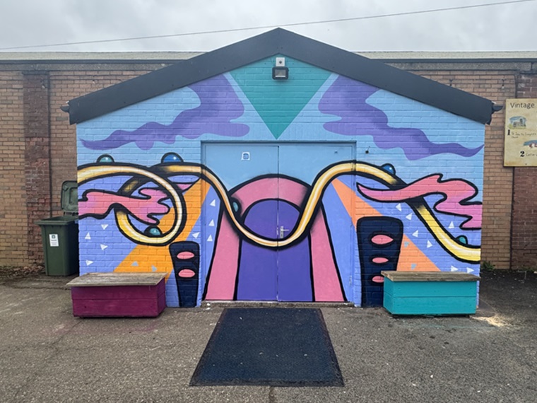 colourful entrance wall and doors