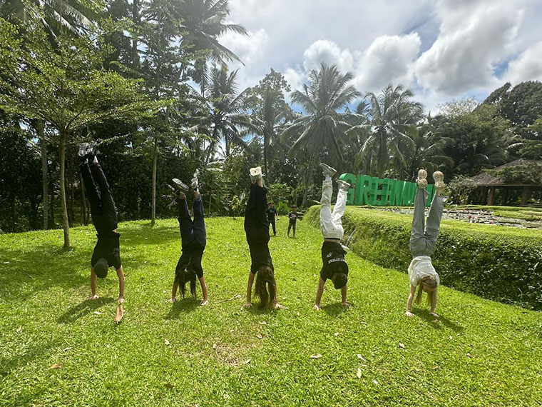 Five people in a line all doing a hand stand on the grass