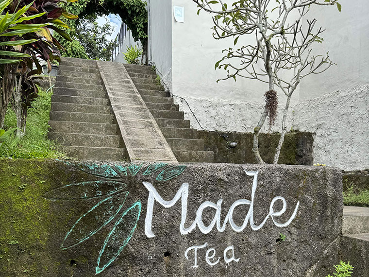 Stone steps leading upwards with a stone sign at the bottom reading 'Made Tea'