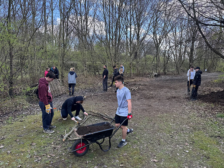 A group of students tidying up woodland