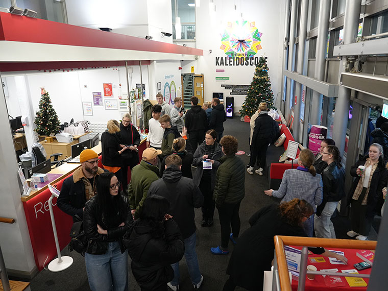 A crowd of people in the North Notts College reception during an open event