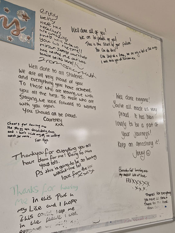 Comments written on a white board from Project Based Learning students