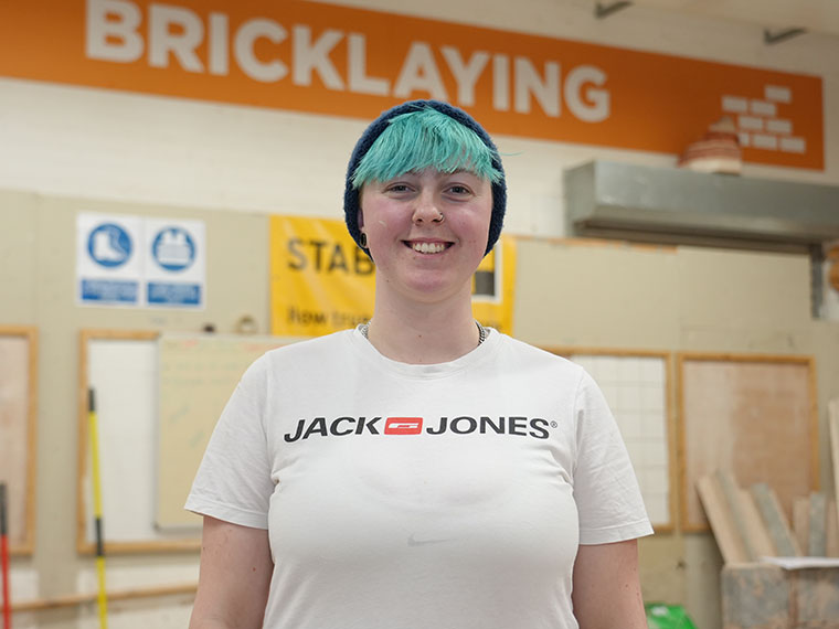 Adult bricklaying student Leah in the workshop