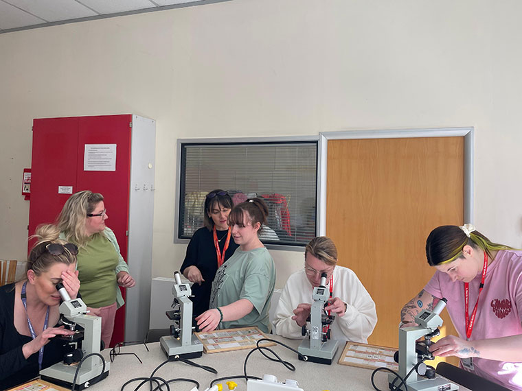 Six people around a table, some looking into microscopes